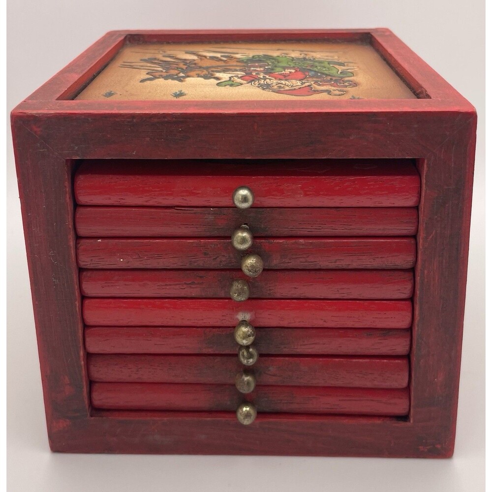 Enesco Christmas Coaster Wood Leather Box Set of 8 Vintage 1979